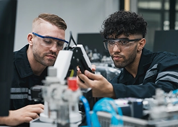 Two students working on a mechanical project